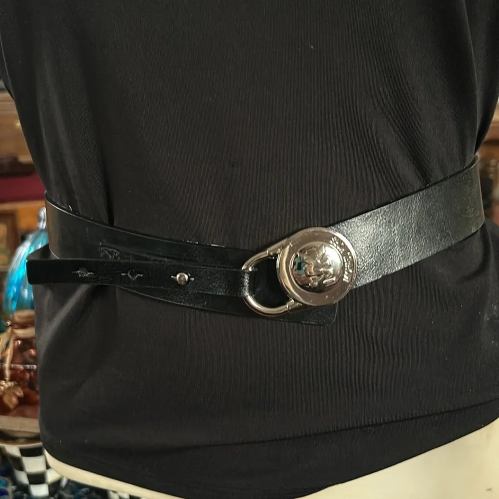 Black Leather Padlock Style Logo Buckle Belt